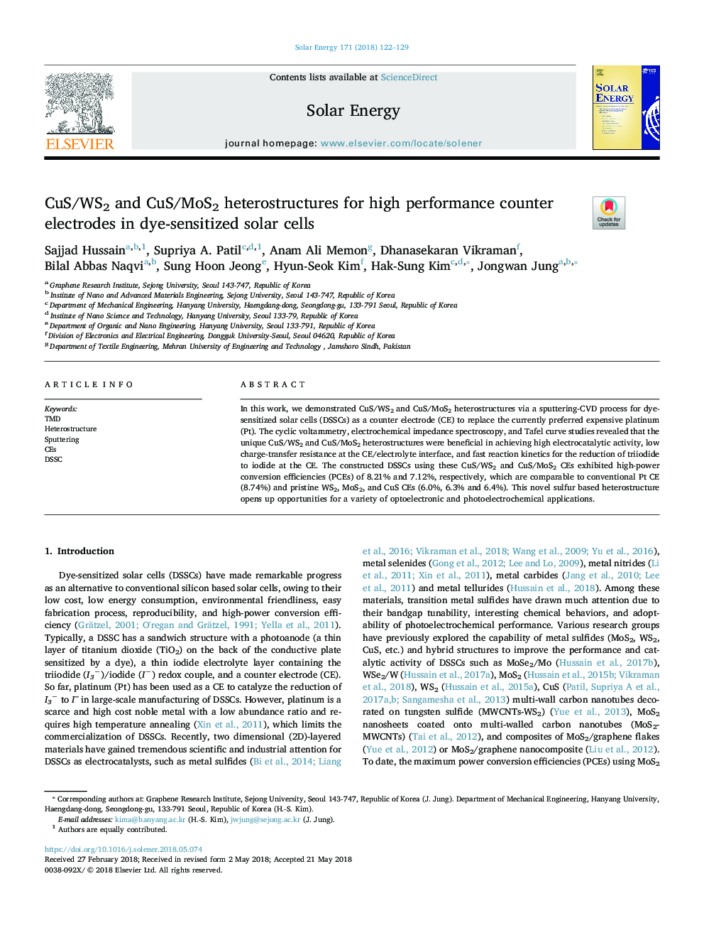 CuS/WS2 and CuS/MoS2 heterostructures for high performance counter electrodes in dye-sensitized solar cells