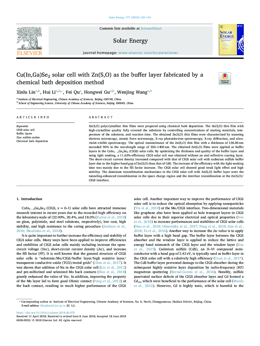 Cu(In,Ga)Se2 solar cell with Zn(S,O) as the buffer layer fabricated by a chemical bath deposition method