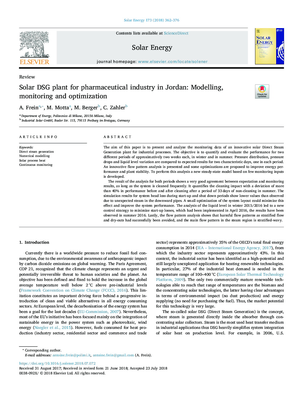 Solar DSG plant for pharmaceutical industry in Jordan: Modelling, monitoring and optimization