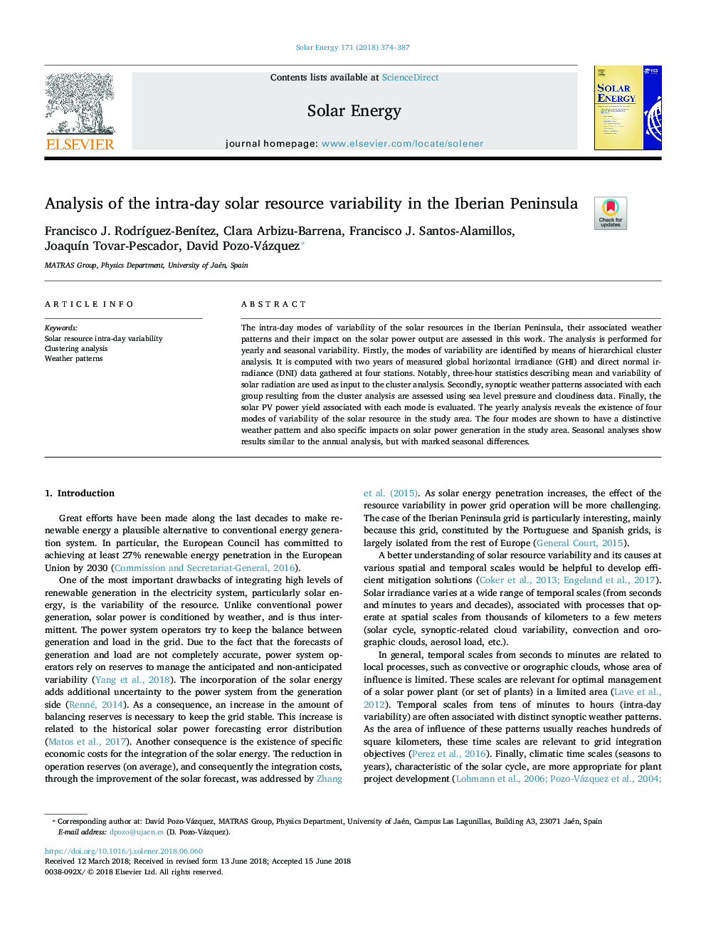 Analysis of the intra-day solar resource variability in the Iberian Peninsula