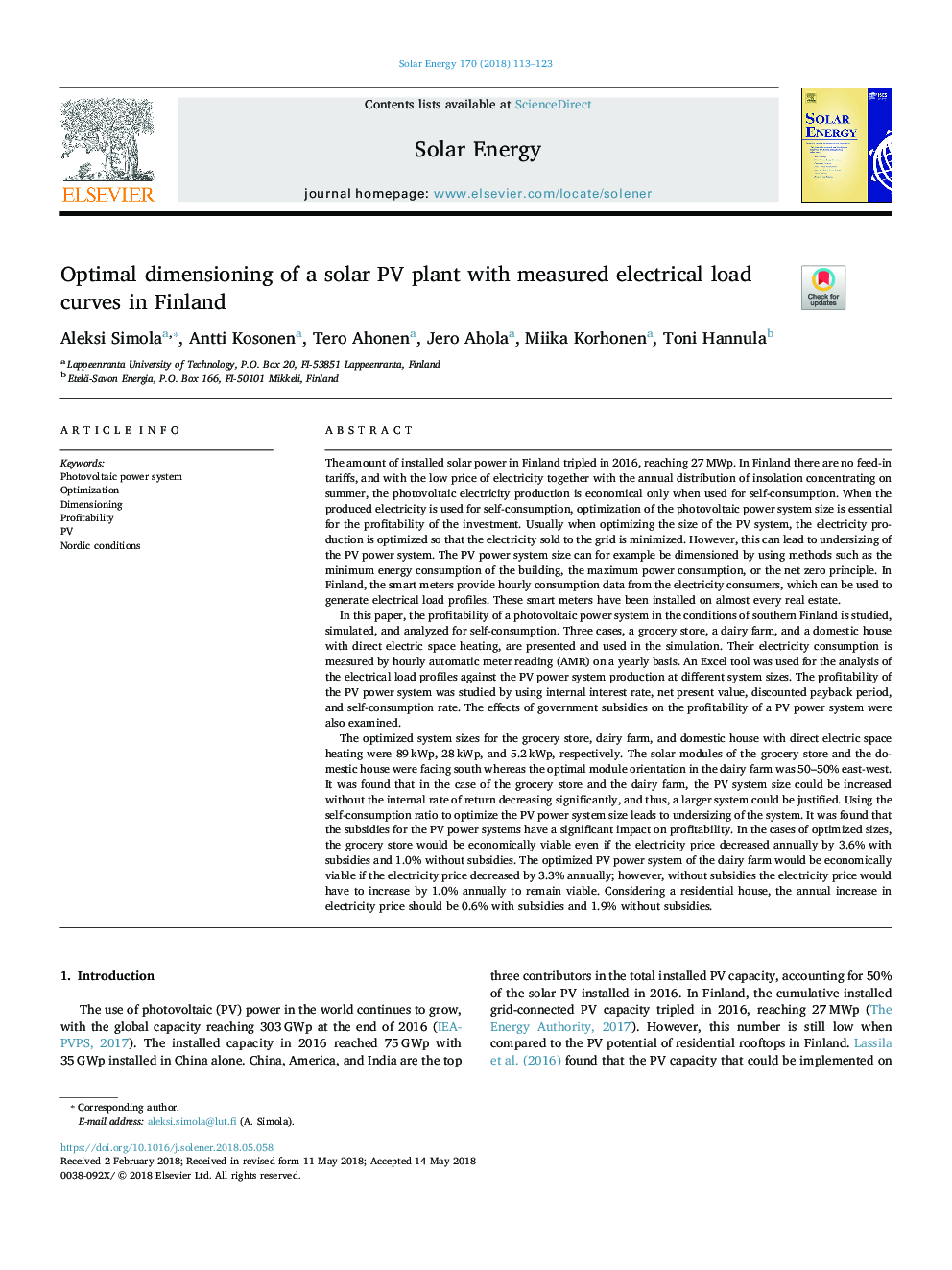 Optimal dimensioning of a solar PV plant with measured electrical load curves in Finland