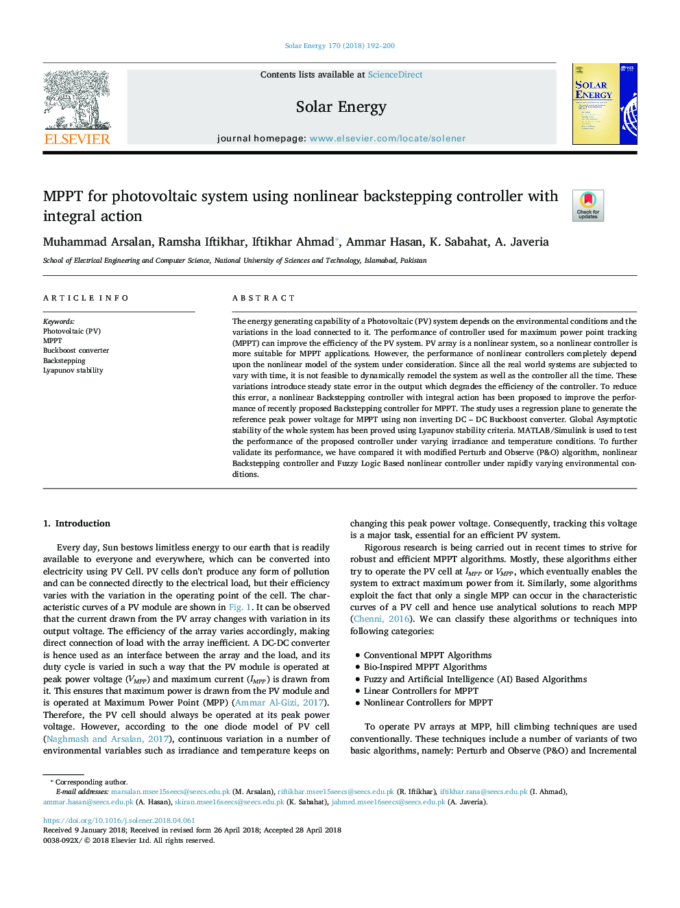 عکس صفحه اول مقاله: MPPT for photovoltaic system using nonlinear backstepping controller with integral action MPPT for photovoltaic system using nonlinear backstepping controller with integral action