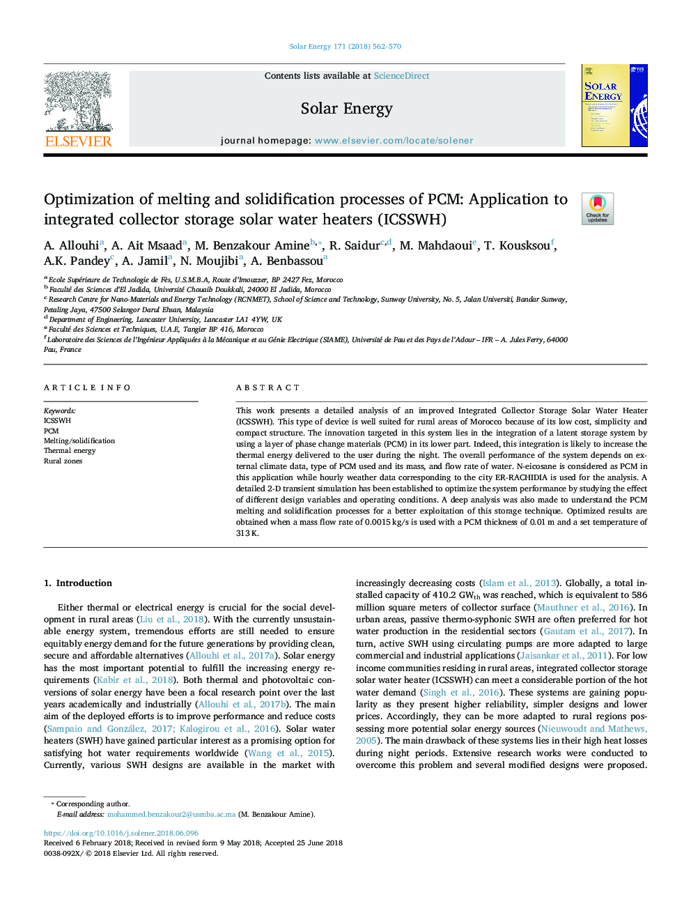 Optimization of melting and solidification processes of PCM: Application to integrated collector storage solar water heaters (ICSSWH)