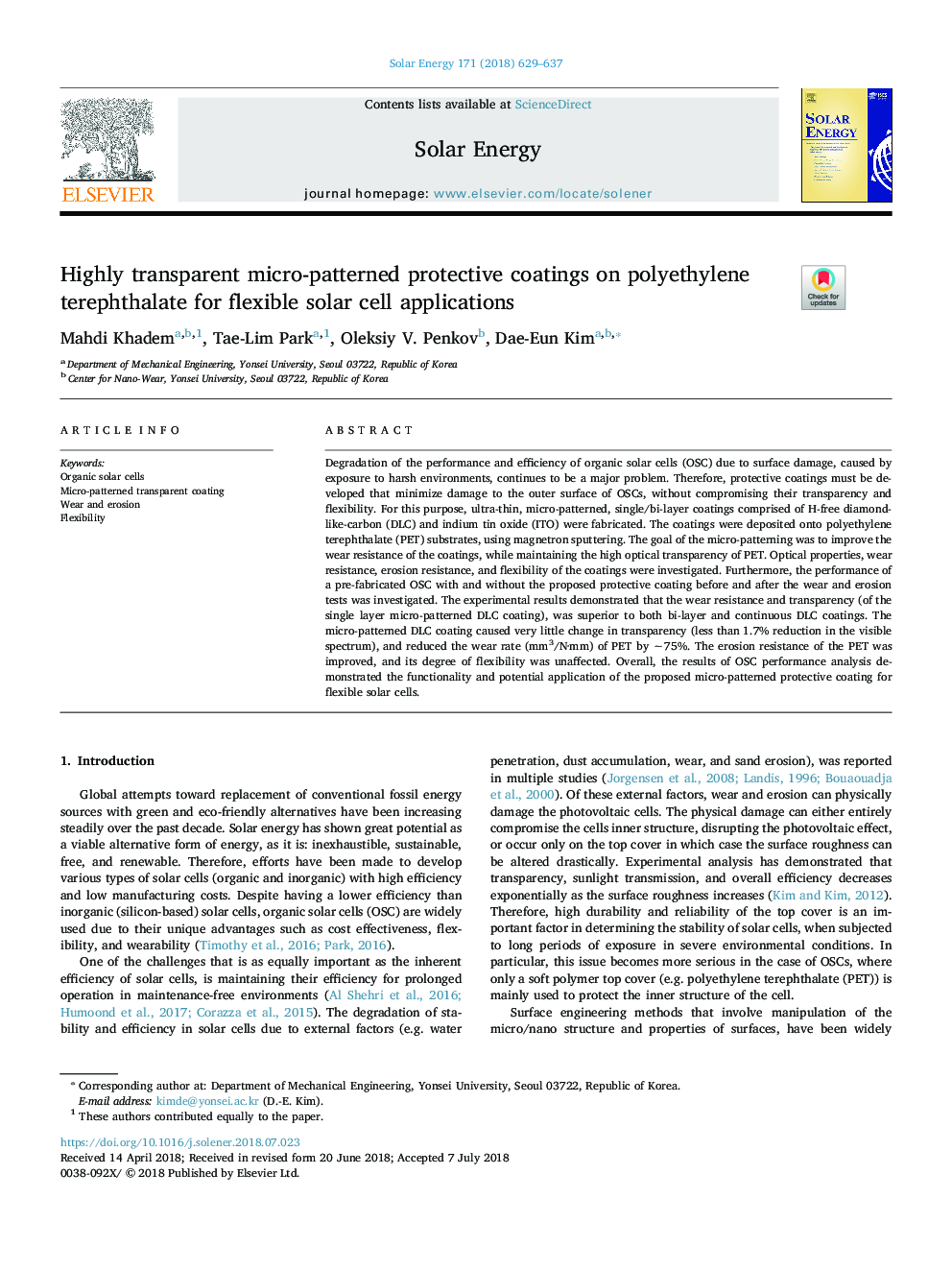 Highly transparent micro-patterned protective coatings on polyethylene terephthalate for flexible solar cell applications