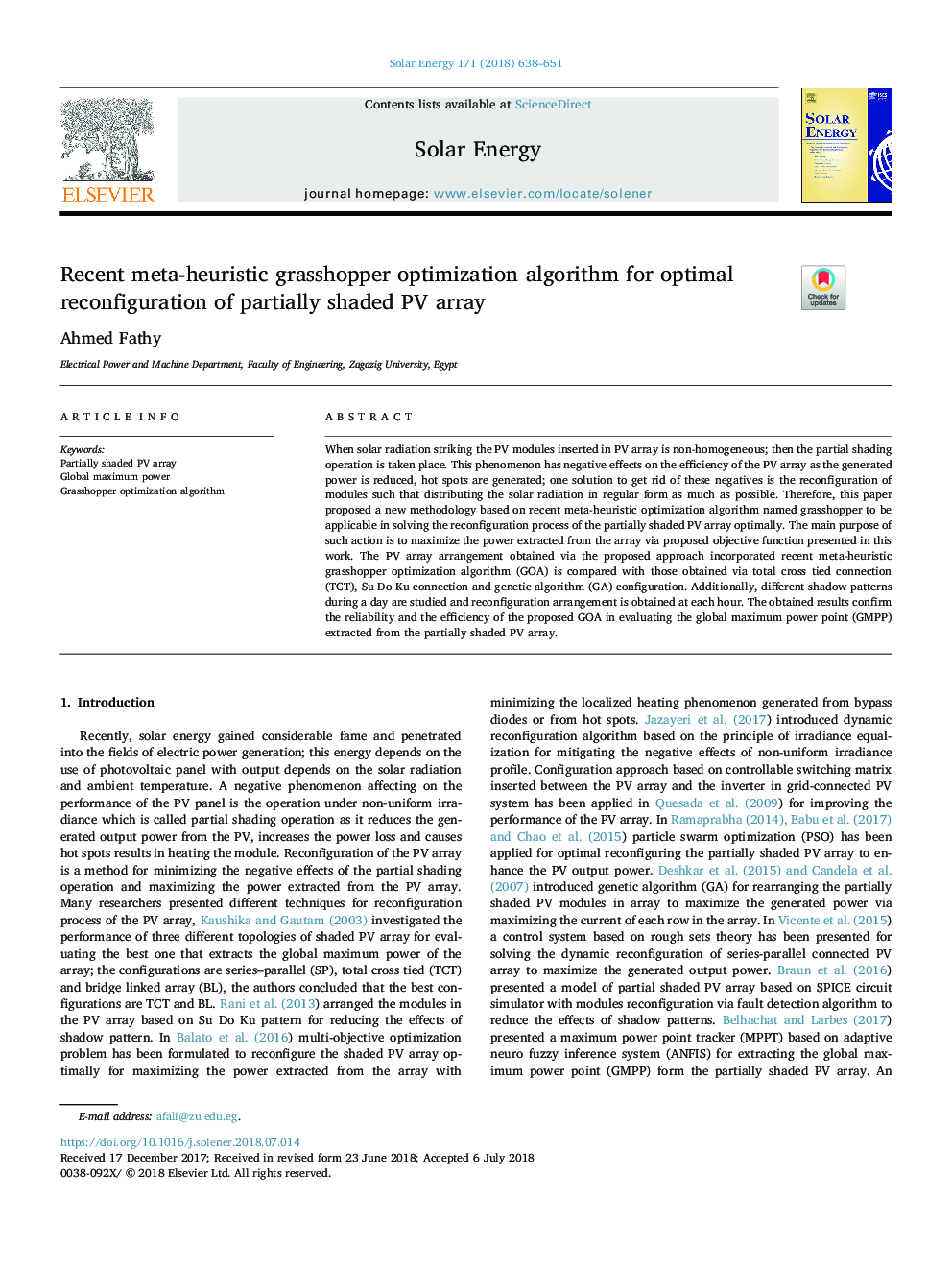 Recent meta-heuristic grasshopper optimization algorithm for optimal reconfiguration of partially shaded PV array