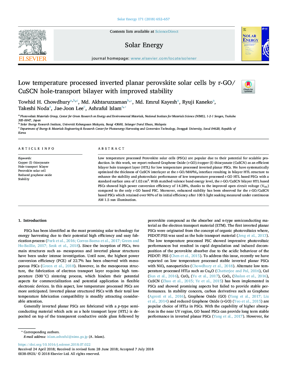 عکس صفحه اول مقاله: Low temperature processed inverted planar perovskite solar cells by r-GO/CuSCN hole-transport bilayer with improved stability Low temperature processed inverted planar perovskite solar cells by r-GO/CuSCN hole-transport bilayer with improved stability