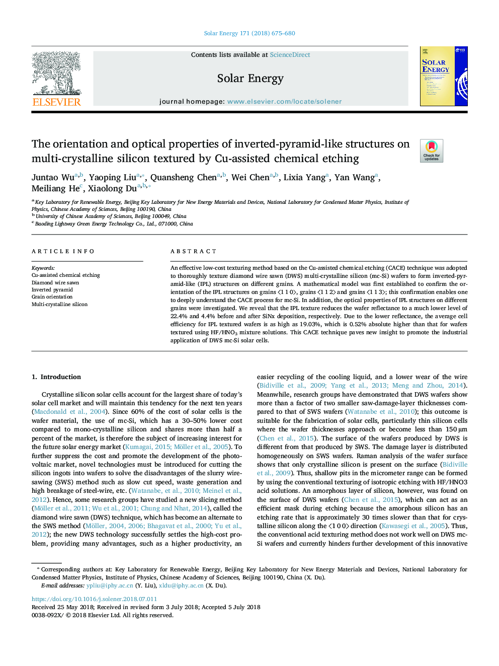 The orientation and optical properties of inverted-pyramid-like structures on multi-crystalline silicon textured by Cu-assisted chemical etching