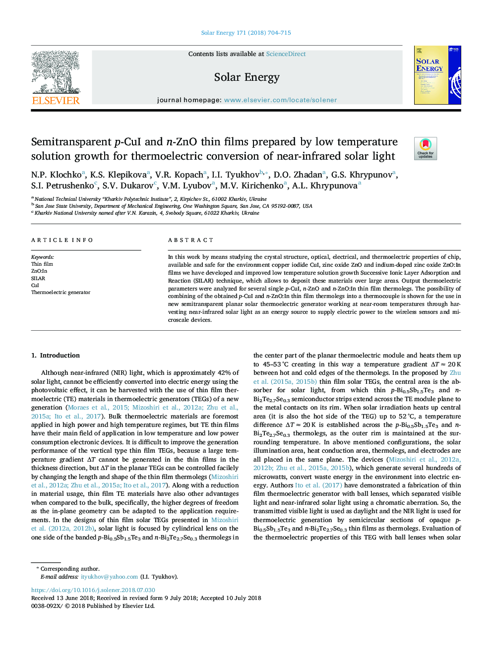 Semitransparent p-CuI and n-ZnO thin films prepared by low temperature solution growth for thermoelectric conversion of near-infrared solar light