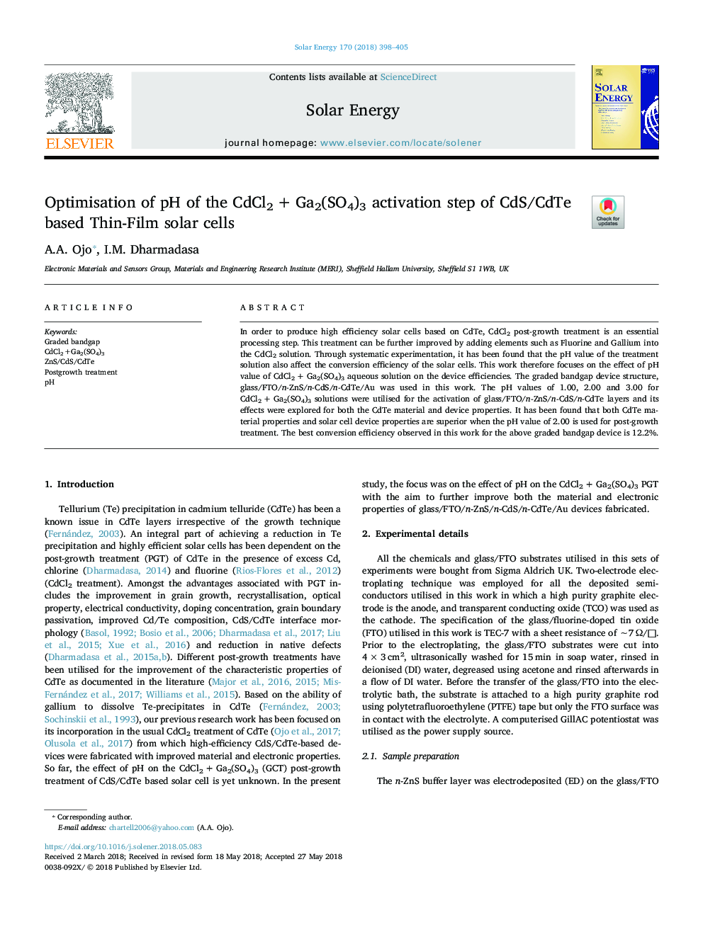 Optimisation of pH of the CdCl2â¯+â¯Ga2(SO4)3 activation step of CdS/CdTe based Thin-Film solar cells