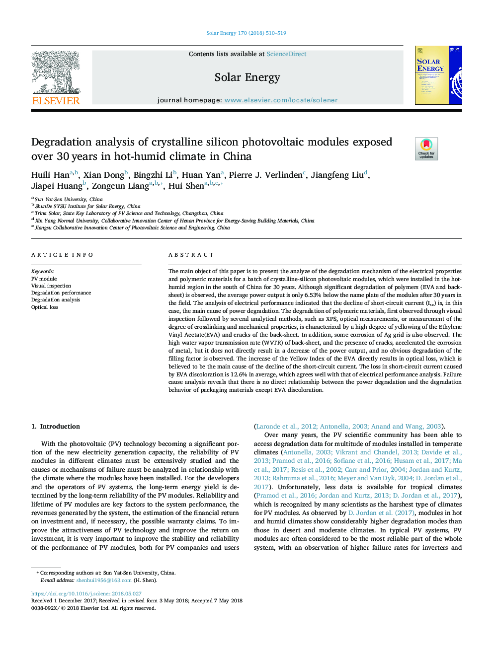 Degradation analysis of crystalline silicon photovoltaic modules exposed over 30â¯years in hot-humid climate in China