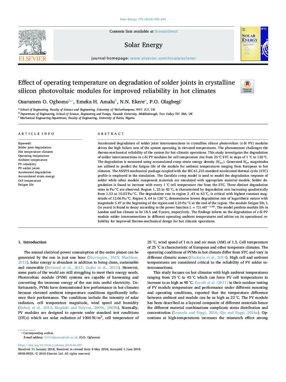 Effect of operating temperature on degradation of solder joints in crystalline silicon photovoltaic modules for improved reliability in hot climates