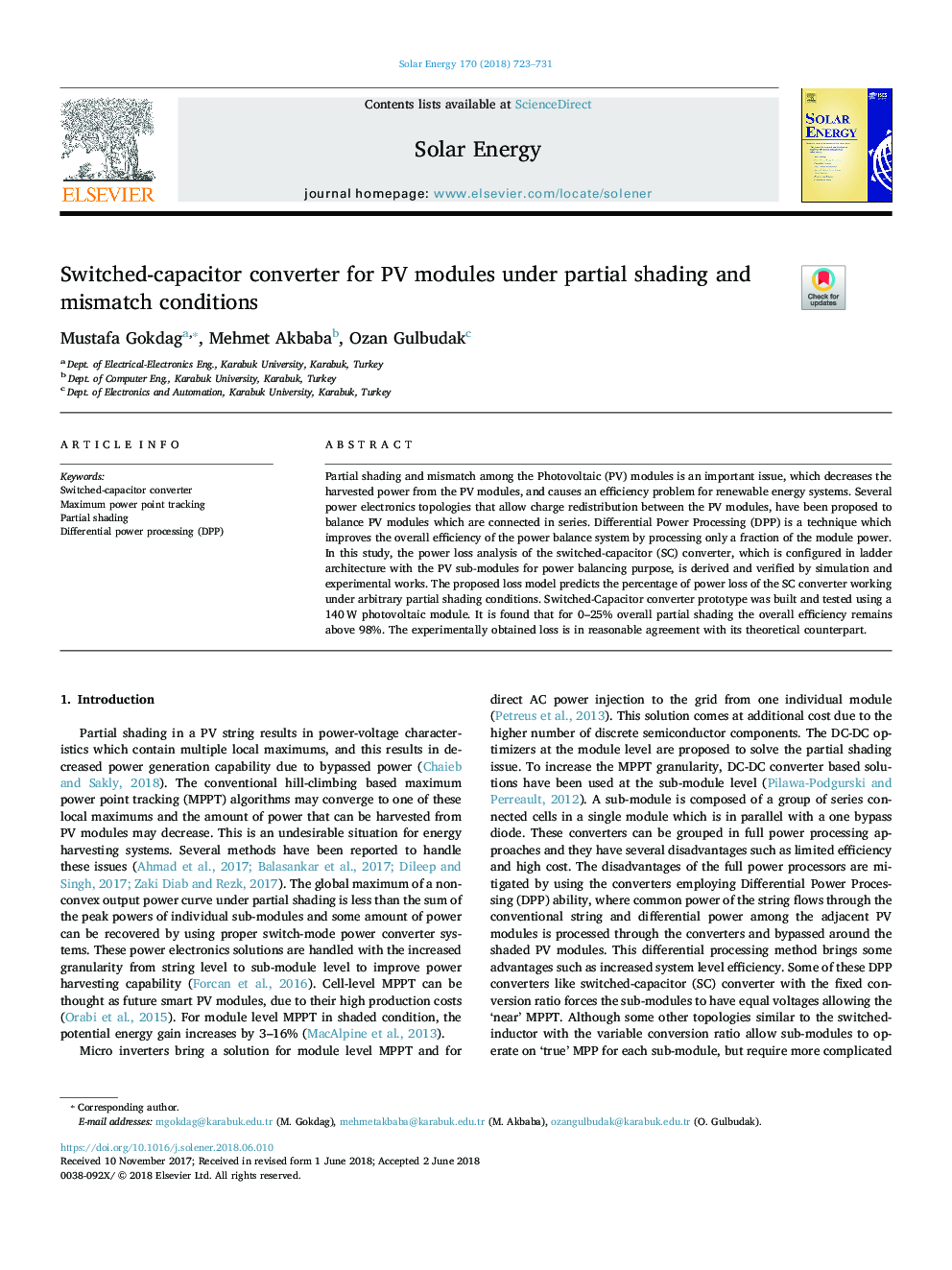 Switched-capacitor converter for PV modules under partial shading and mismatch conditions