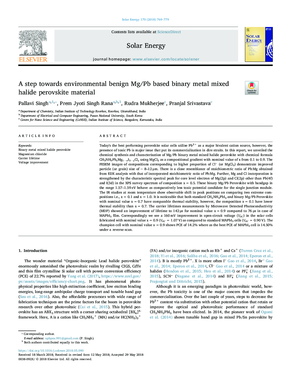 A step towards environmental benign Mg/Pb based binary metal mixed halide perovskite material