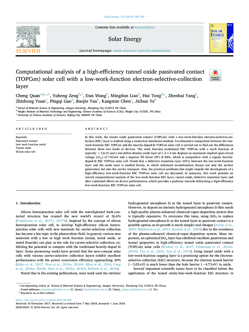 Computational analysis of a high-efficiency tunnel oxide passivated contact (TOPCon) solar cell with a low-work-function electron-selective-collection layer