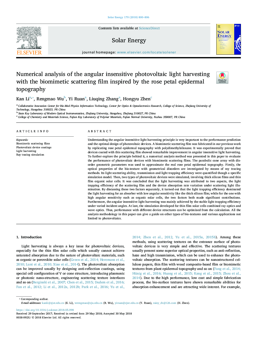 Numerical analysis of the angular insensitive photovoltaic light harvesting with the biomimetic scattering film inspired by the rose petal epidermal topography