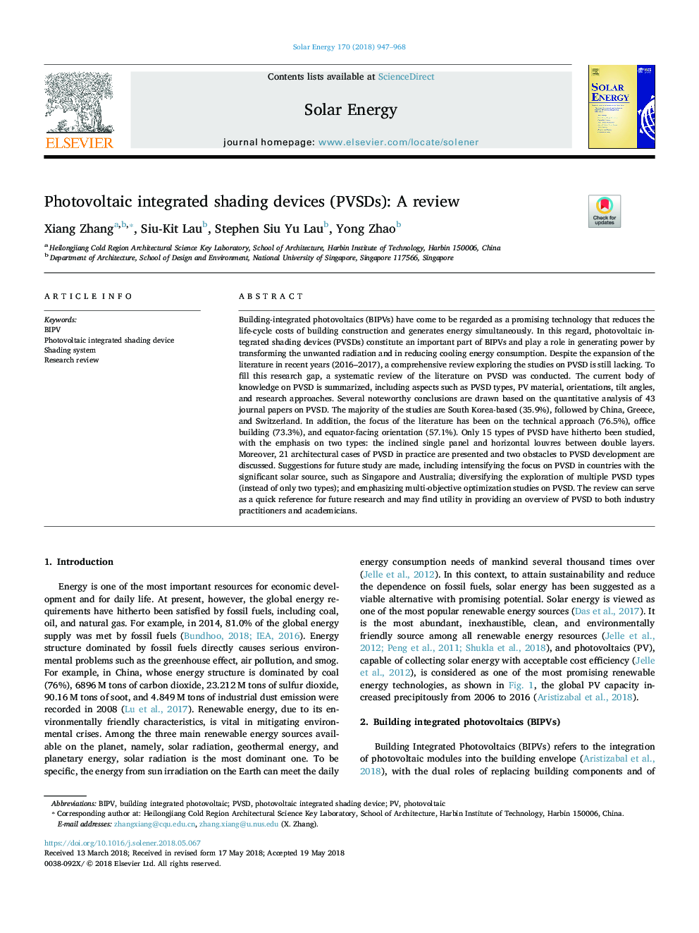 Photovoltaic integrated shading devices (PVSDs): A review