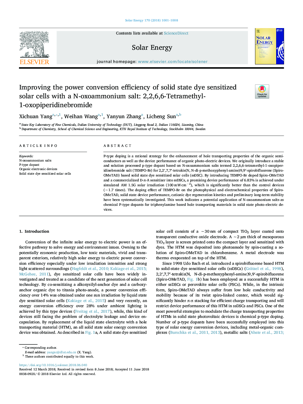 Improving the power conversion efficiency of solid state dye sensitized solar cells with a N-oxoammonium salt: 2,2,6,6-Tetramethyl-1-oxopiperidinebromide