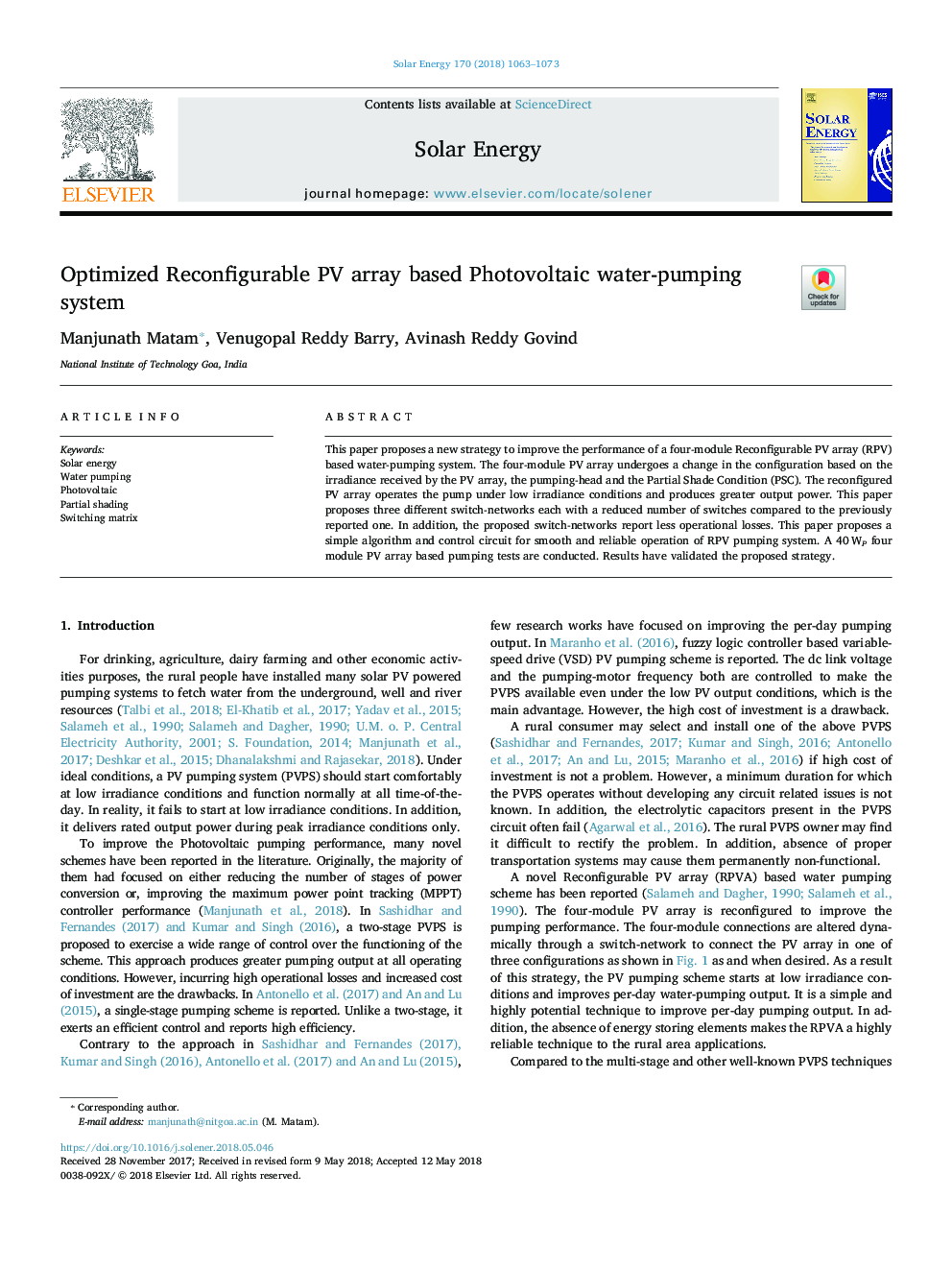 Optimized Reconfigurable PV array based Photovoltaic water-pumping system