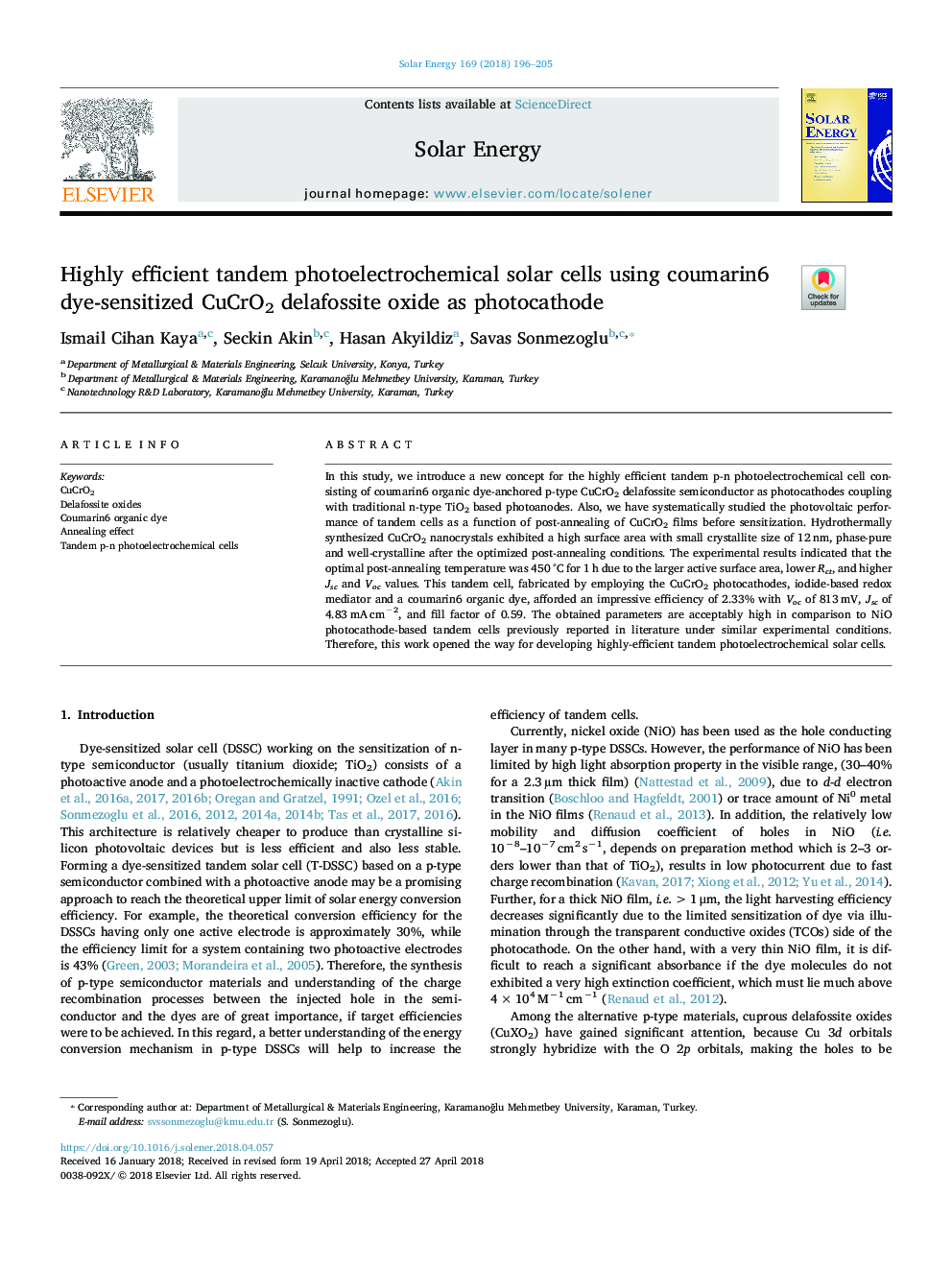 Highly efficient tandem photoelectrochemical solar cells using coumarin6 dye-sensitized CuCrO2 delafossite oxide as photocathode