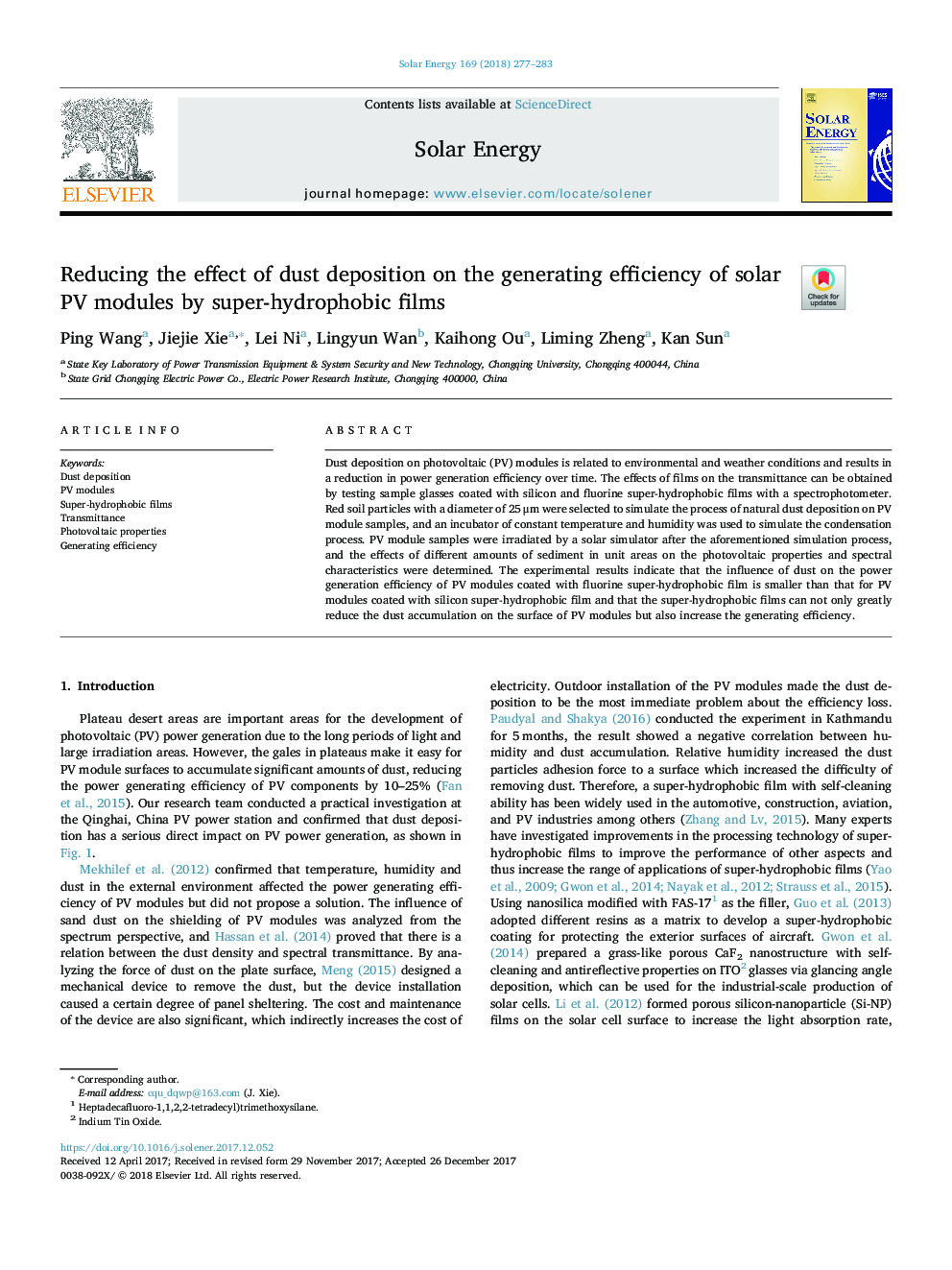 Reducing the effect of dust deposition on the generating efficiency of solar PV modules by super-hydrophobic films