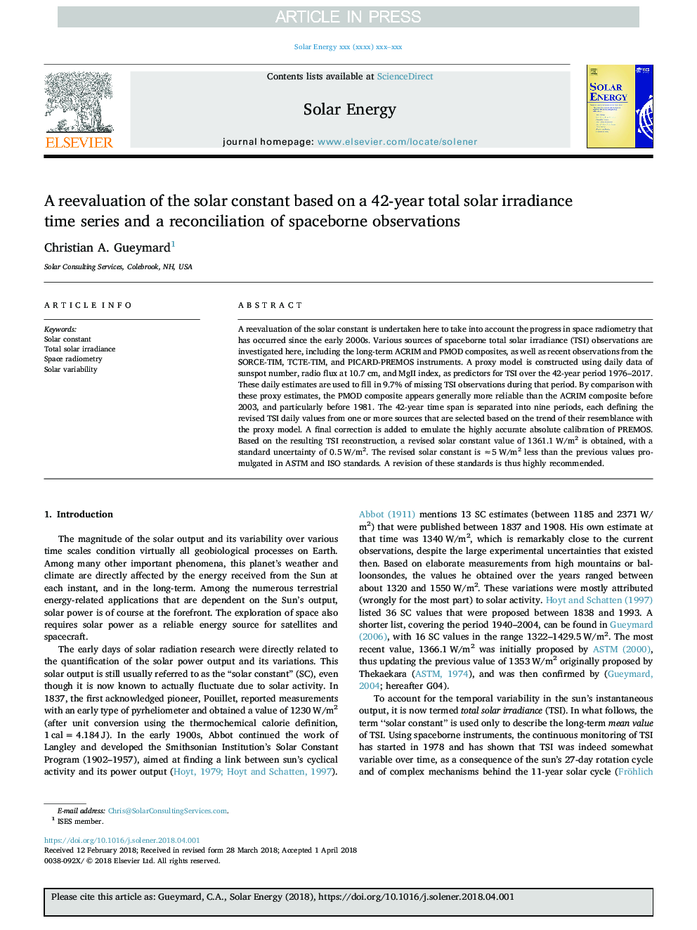 A reevaluation of the solar constant based on a 42-year total solar irradiance time series and a reconciliation of spaceborne observations