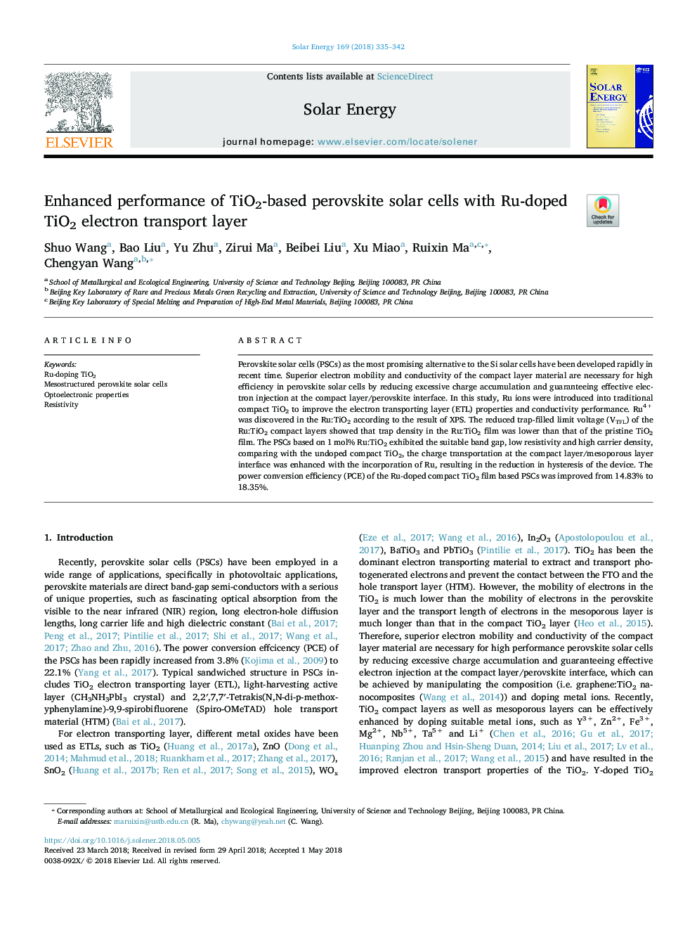 Enhanced performance of TiO2-based perovskite solar cells with Ru-doped TiO2 electron transport layer