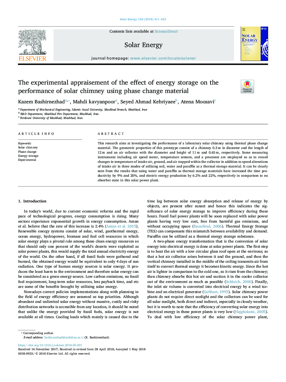 The experimental appraisement of the effect of energy storage on the performance of solar chimney using phase change material