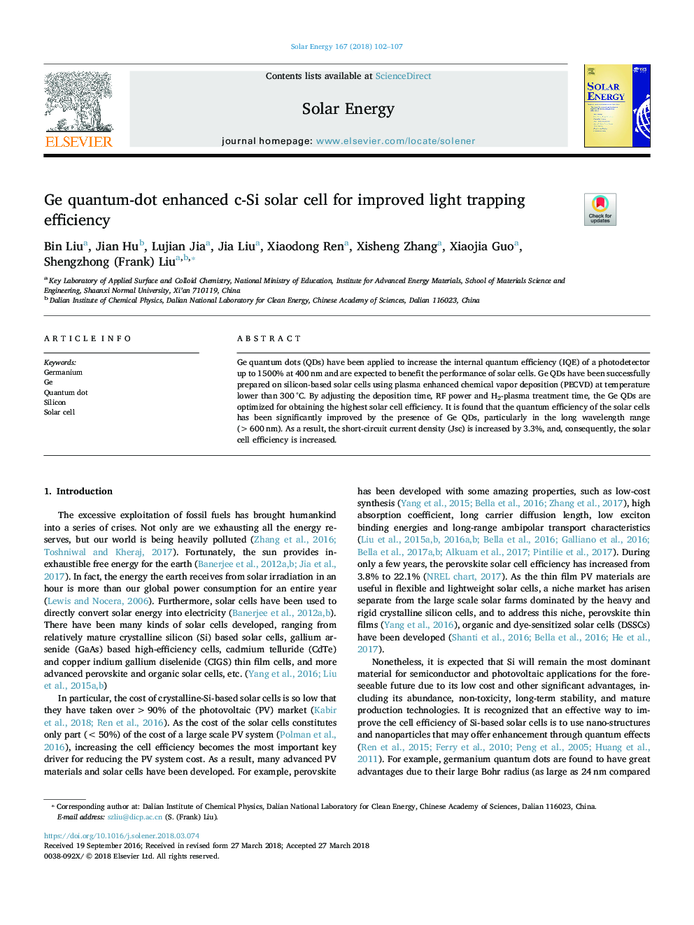 Ge quantum-dot enhanced c-Si solar cell for improved light trapping efficiency