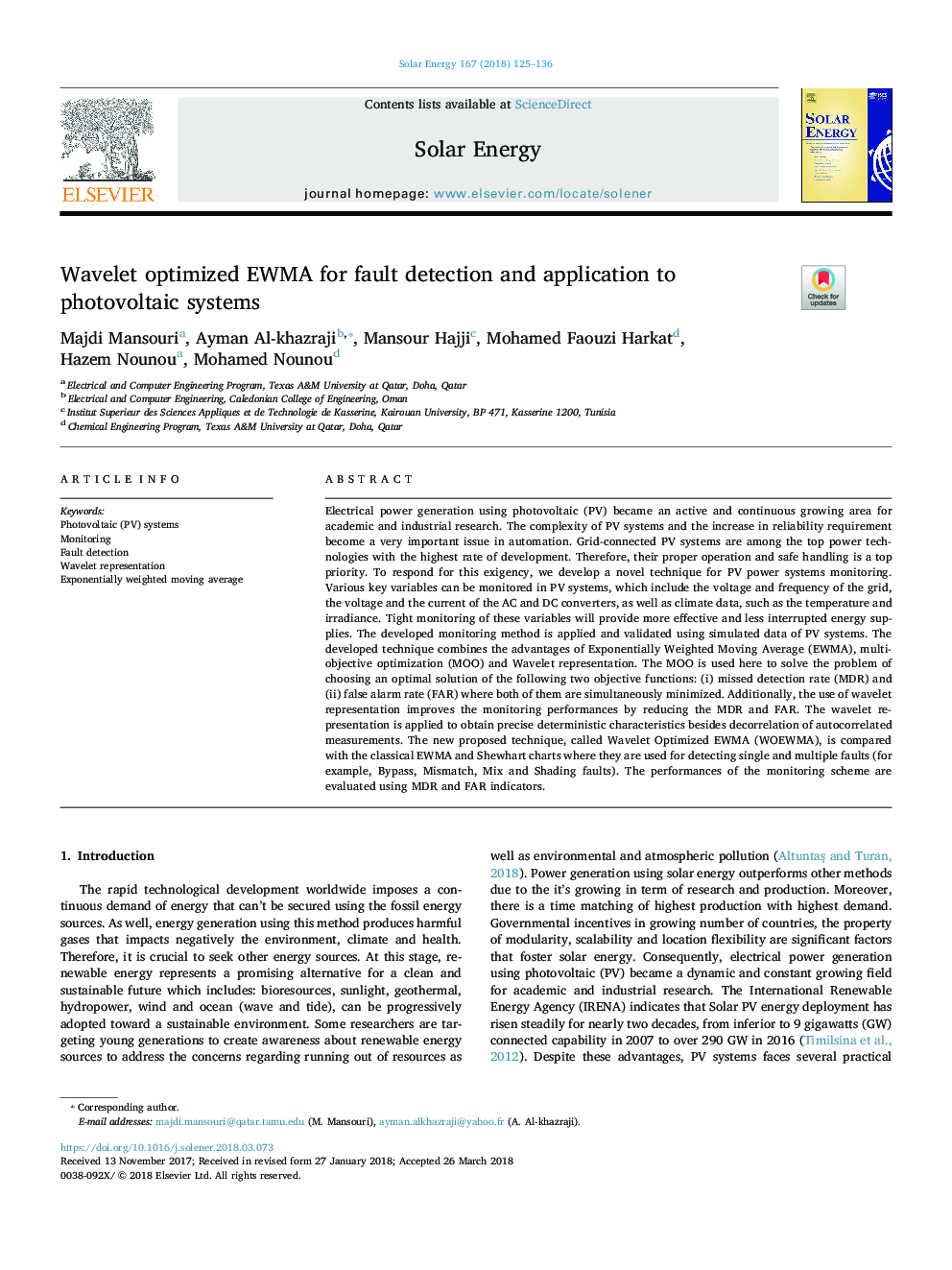 Wavelet optimized EWMA for fault detection and application to photovoltaic systems