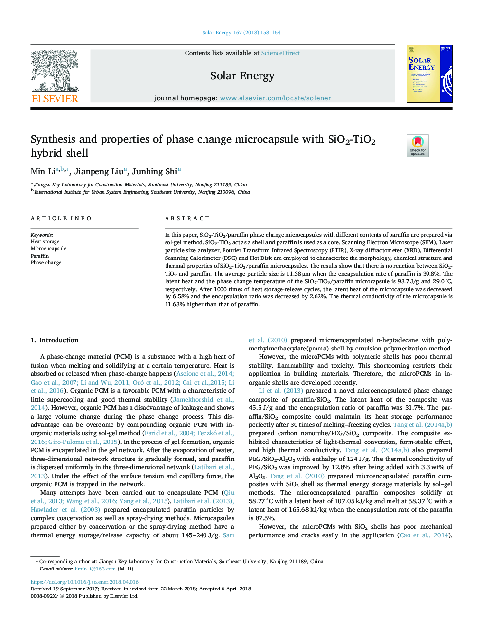 Synthesis and properties of phase change microcapsule with SiO2-TiO2 hybrid shell