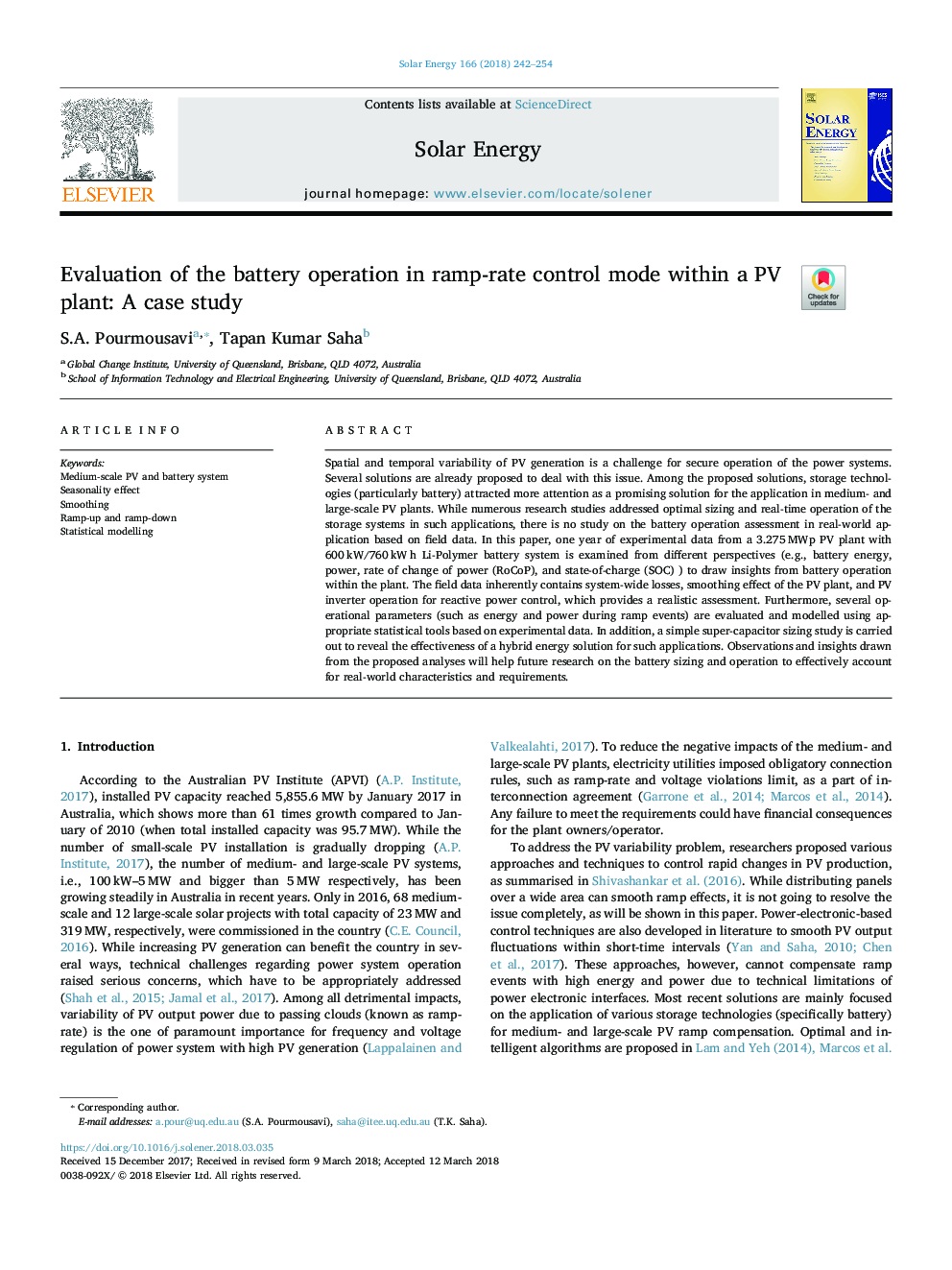 Evaluation of the battery operation in ramp-rate control mode within a PV plant: A case study