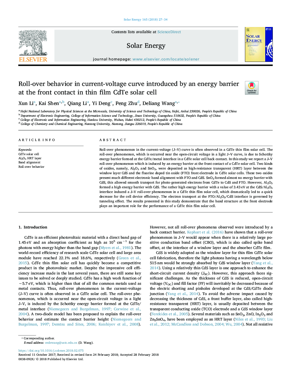 Roll-over behavior in current-voltage curve introduced by an energy barrier at the front contact in thin film CdTe solar cell