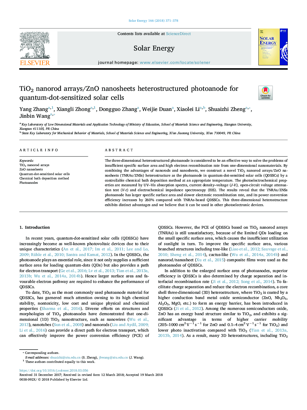 TiO2 nanorod arrays/ZnO nanosheets heterostructured photoanode for quantum-dot-sensitized solar cells