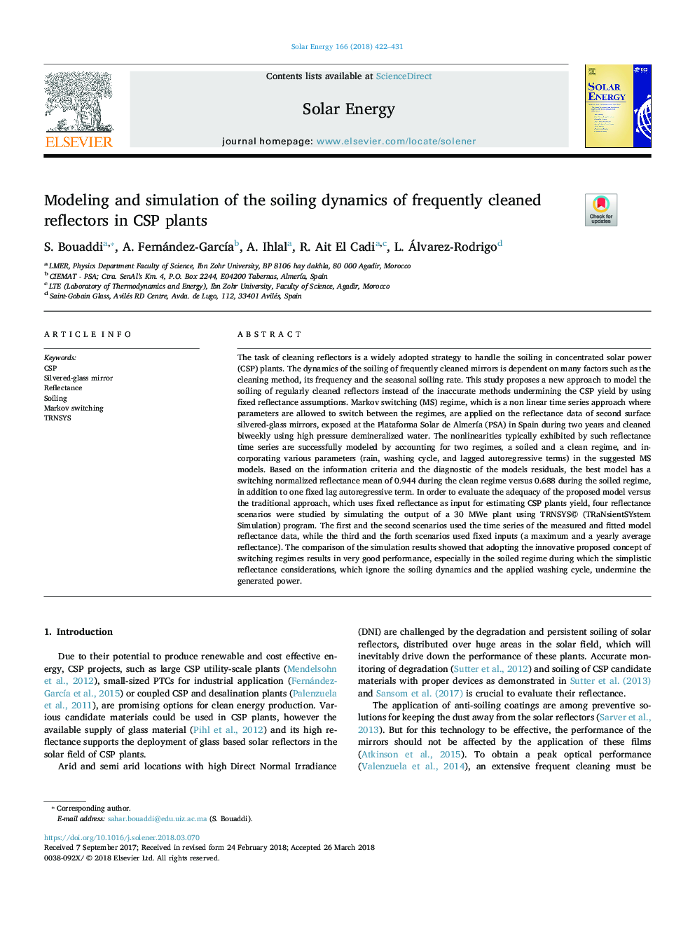 Modeling and simulation of the soiling dynamics of frequently cleaned reflectors in CSP plants