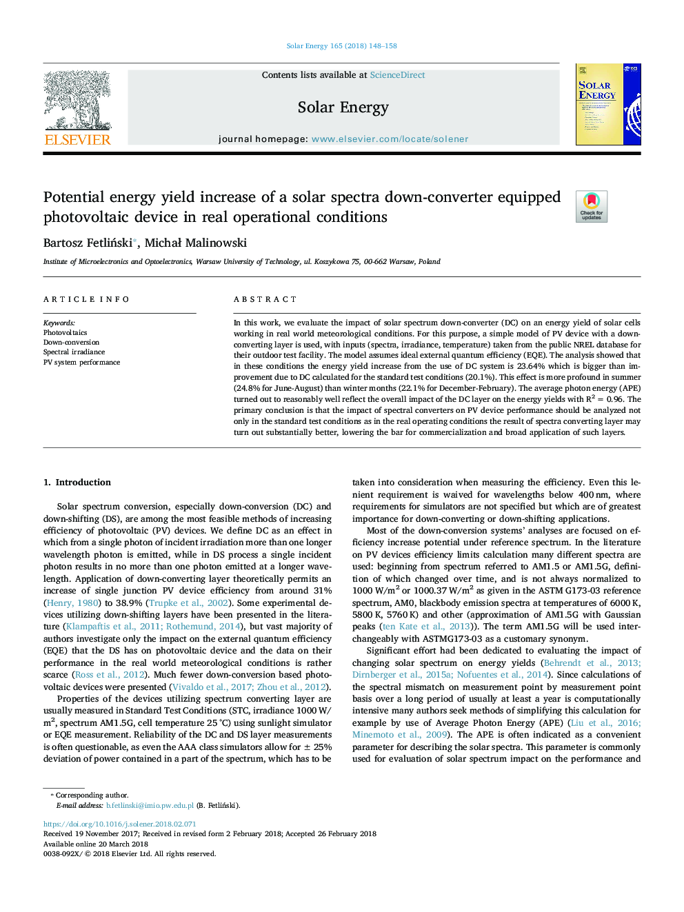 Potential energy yield increase of a solar spectra down-converter equipped photovoltaic device in real operational conditions