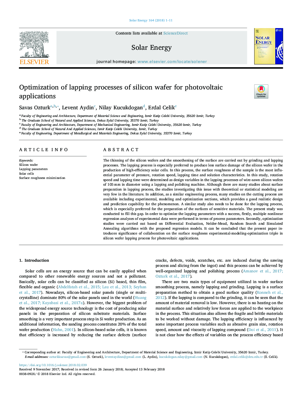 Optimization of lapping processes of silicon wafer for photovoltaic applications