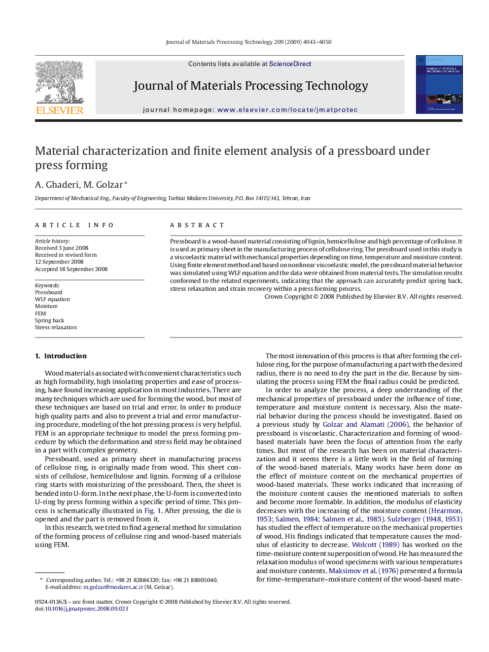 Material characterization and finite element analysis of a pressboard under press forming