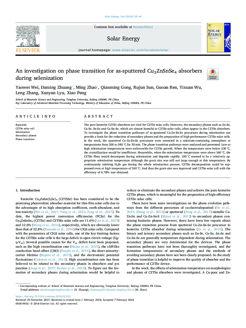 An investigation on phase transition for as-sputtered Cu2ZnSnSe4 absorbers during selenization