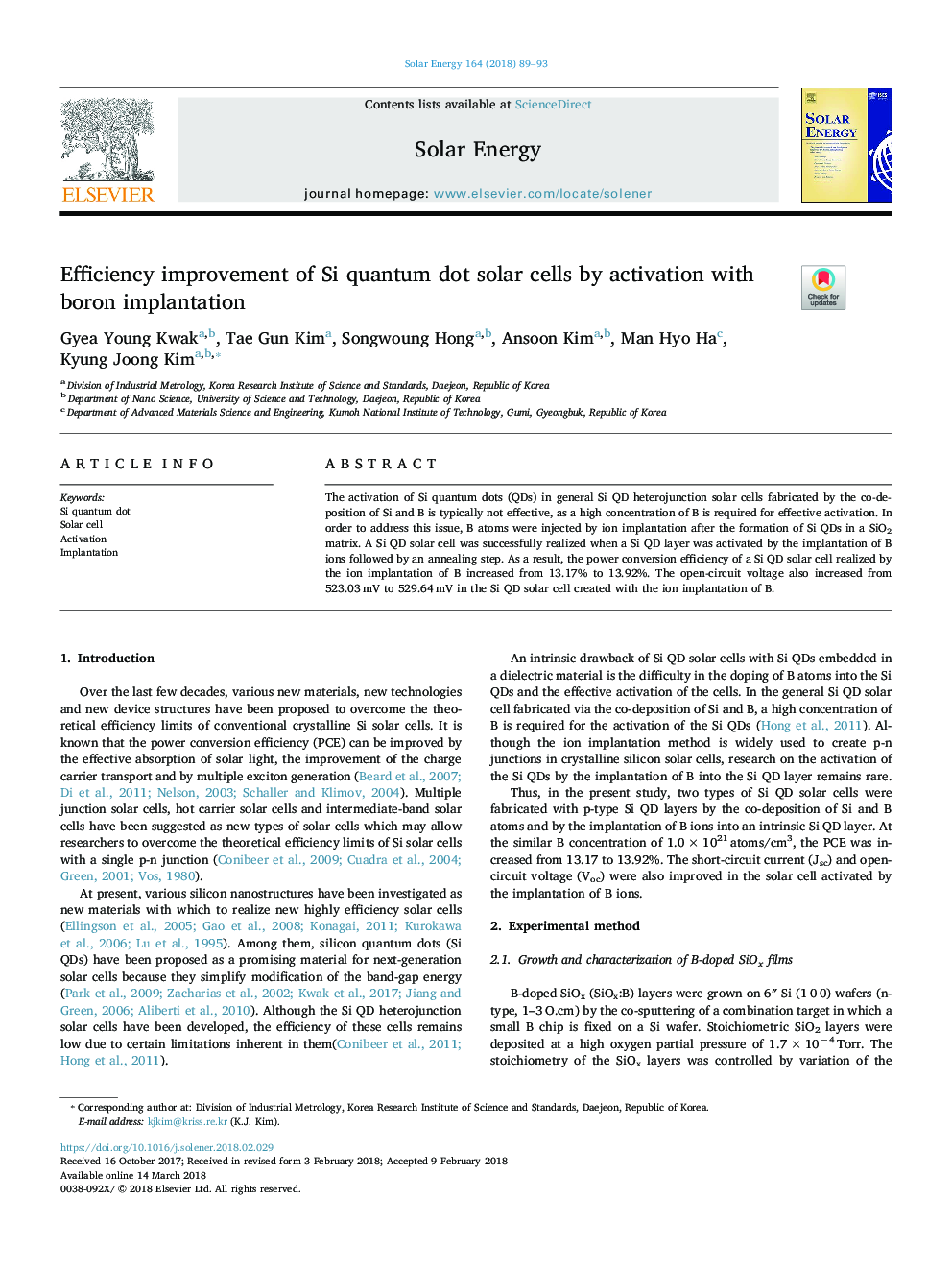 Efficiency improvement of Si quantum dot solar cells by activation with boron implantation