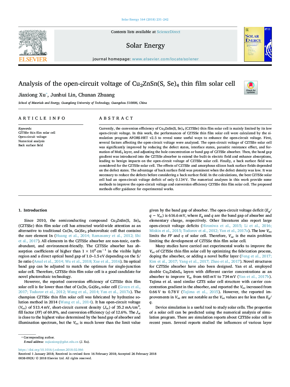 Analysis of the open-circuit voltage of Cu2ZnSn(S, Se)4 thin film solar cell