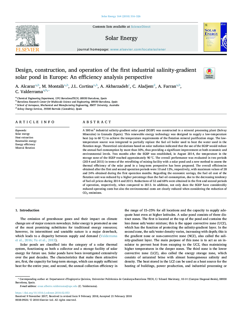 Design, construction, and operation of the first industrial salinity-gradient solar pond in Europe: An efficiency analysis perspective