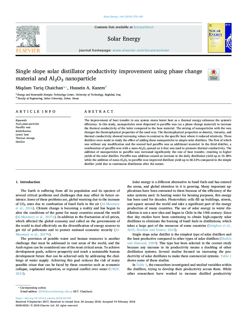 Single slope solar distillator productivity improvement using phase change material and Al2O3 nanoparticle