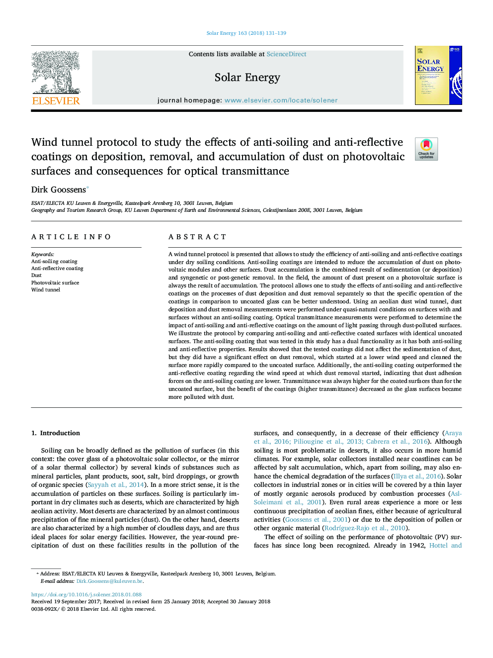 Wind tunnel protocol to study the effects of anti-soiling and anti-reflective coatings on deposition, removal, and accumulation of dust on photovoltaic surfaces and consequences for optical transmittance