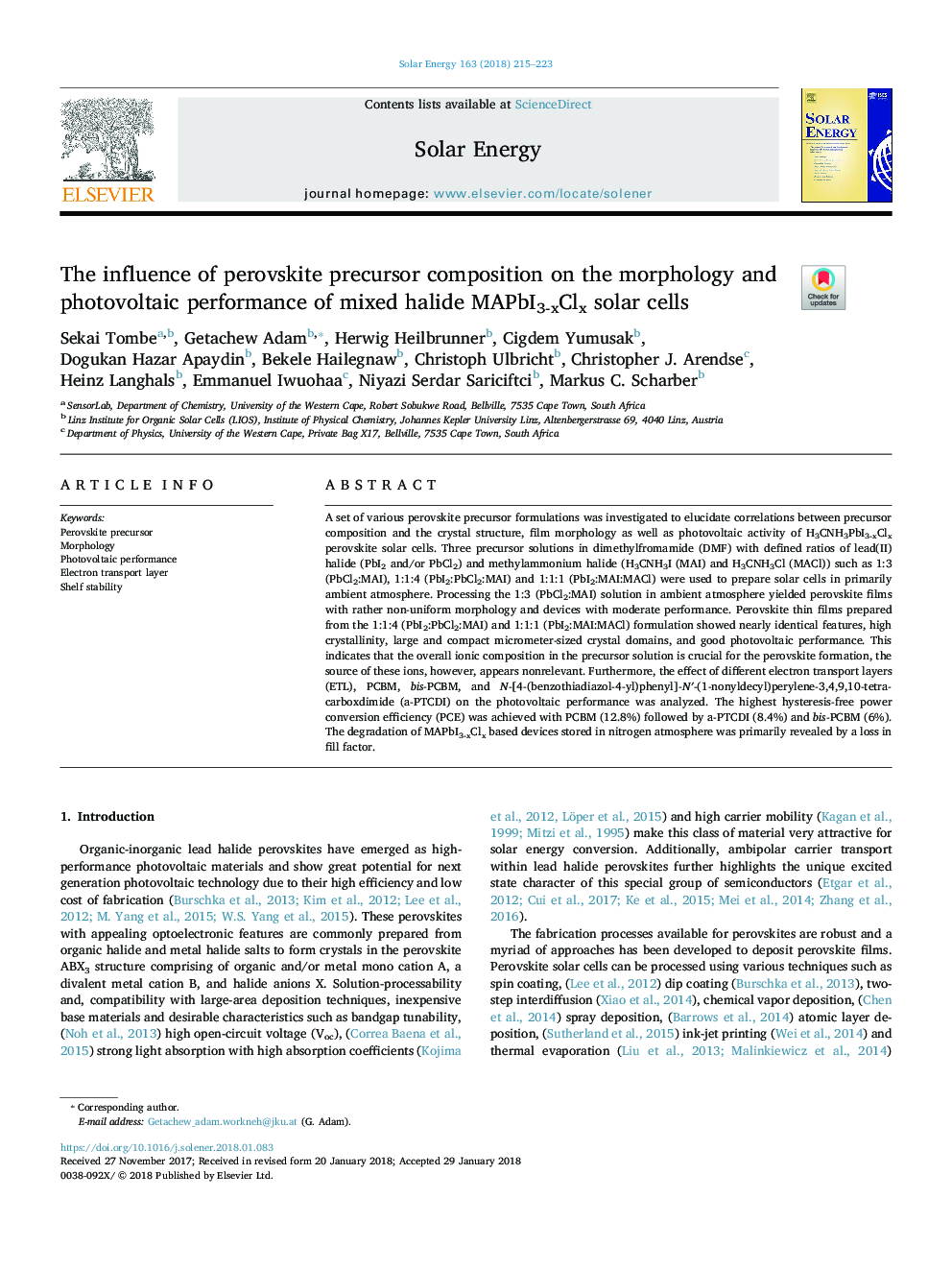 The influence of perovskite precursor composition on the morphology and photovoltaic performance of mixed halide MAPbI3-xClx solar cells