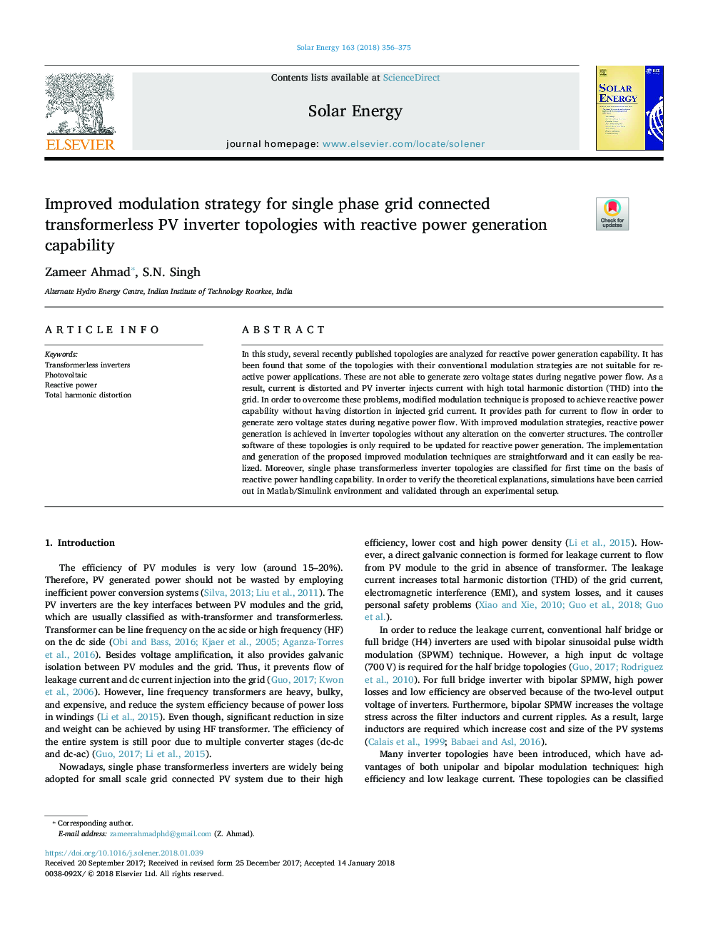 Improved modulation strategy for single phase grid connected transformerless PV inverter topologies with reactive power generation capability