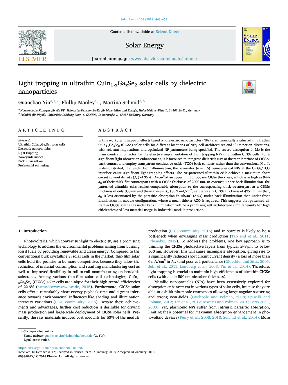 Light trapping in ultrathin CuIn1-xGaxSe2 solar cells by dielectric nanoparticles