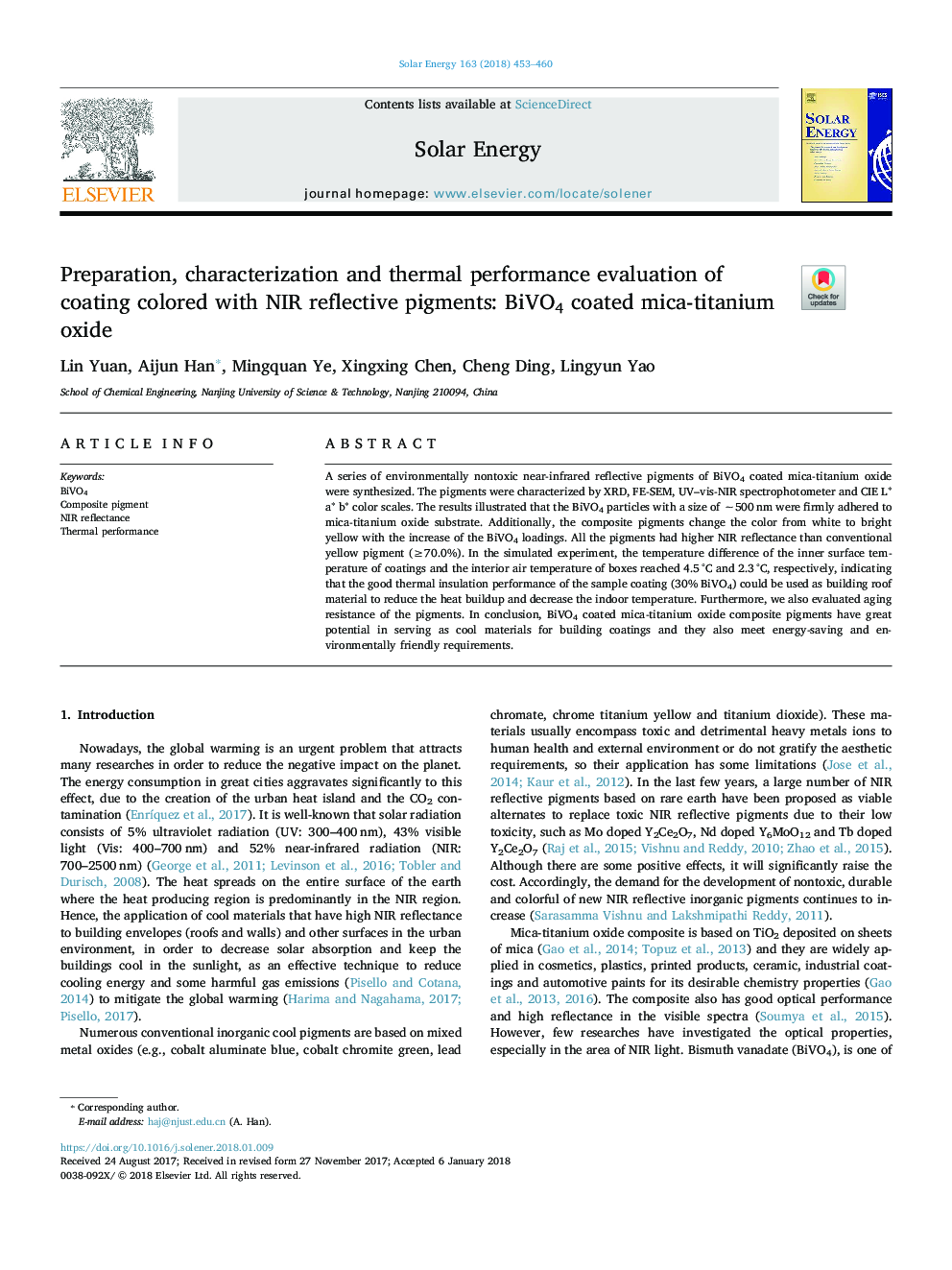 Preparation, characterization and thermal performance evaluation of coating colored with NIR reflective pigments: BiVO4 coated mica-titanium oxide