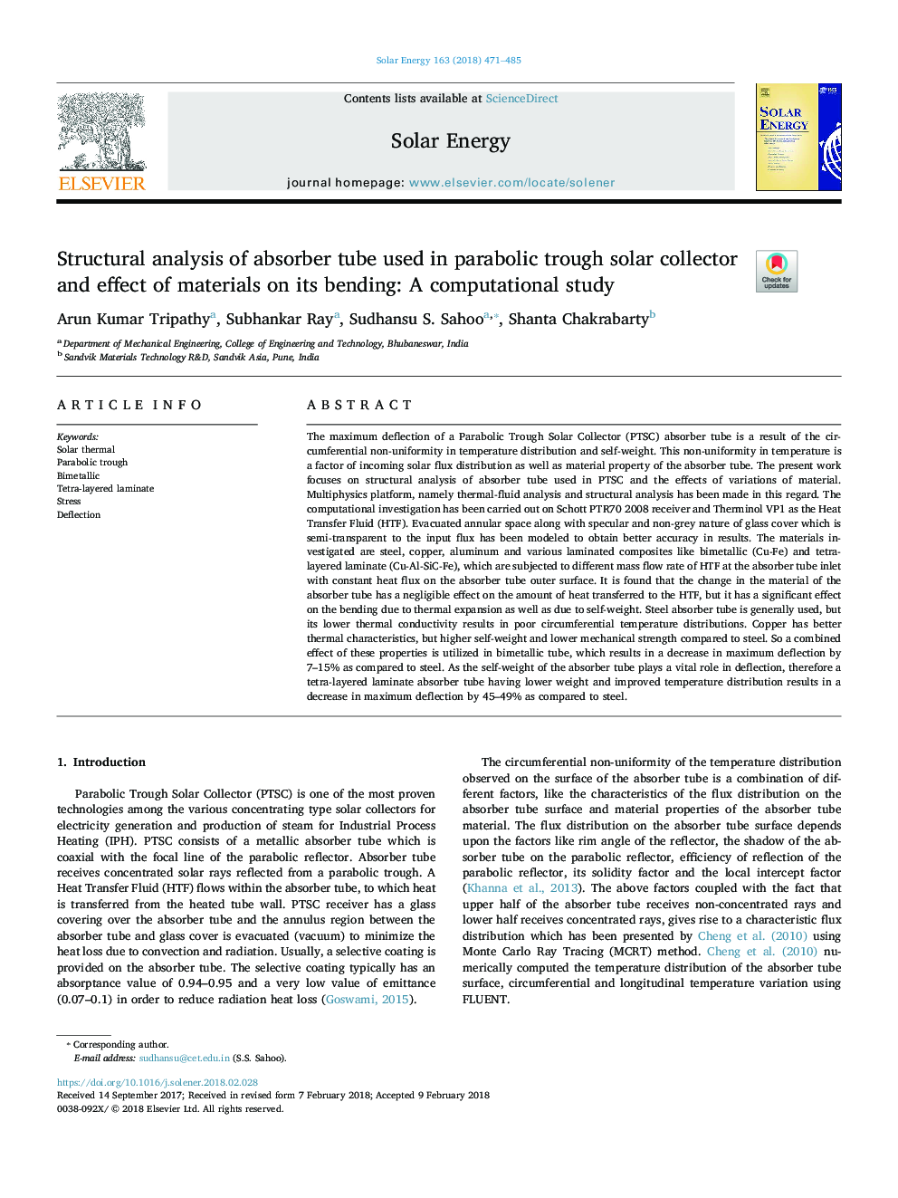 Structural analysis of absorber tube used in parabolic trough solar collector and effect of materials on its bending: A computational study