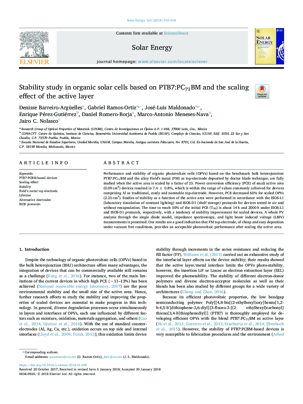 Stability study in organic solar cells based on PTB7:PC71BM and the scaling effect of the active layer