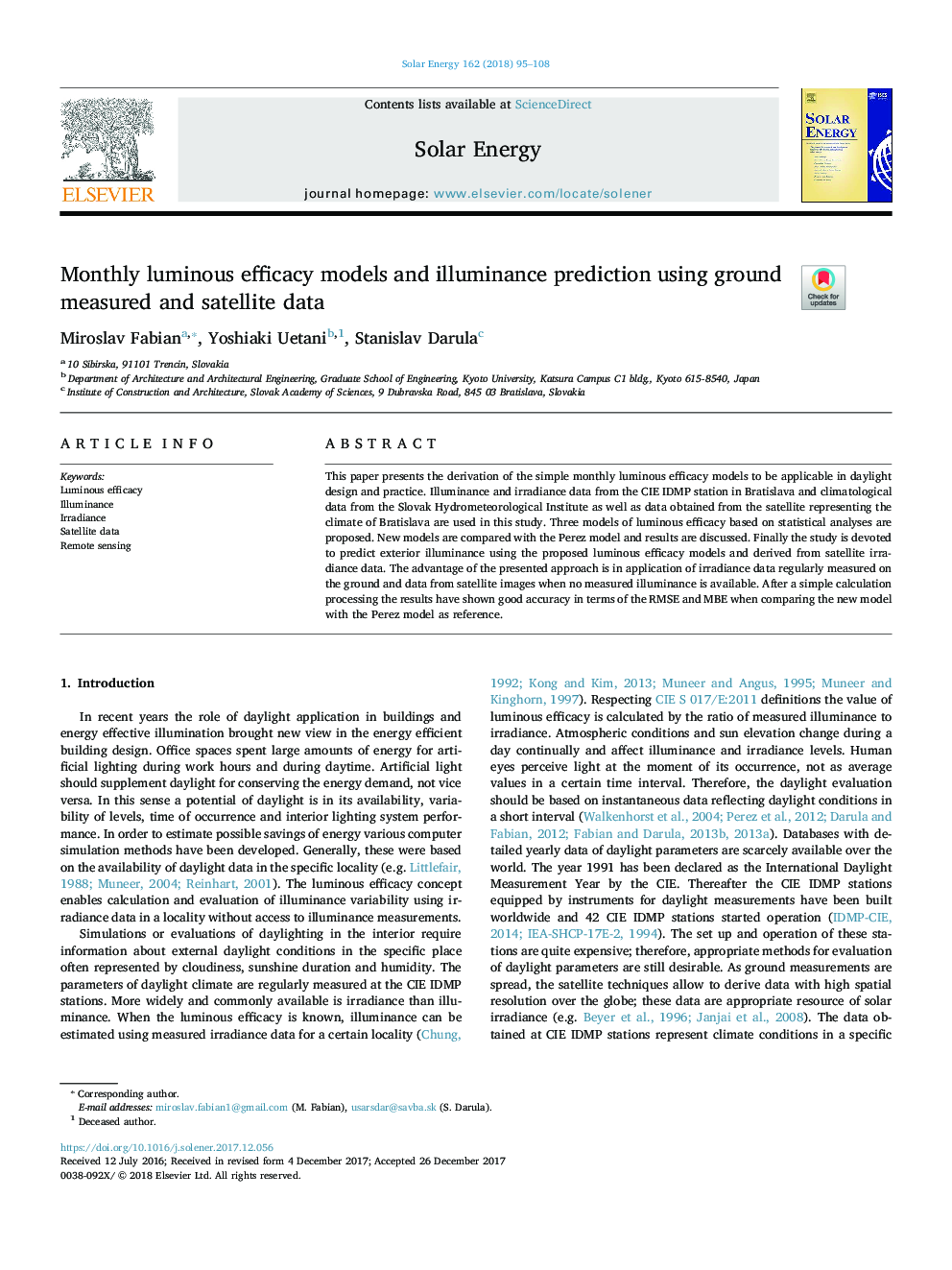 Monthly luminous efficacy models and illuminance prediction using ground measured and satellite data